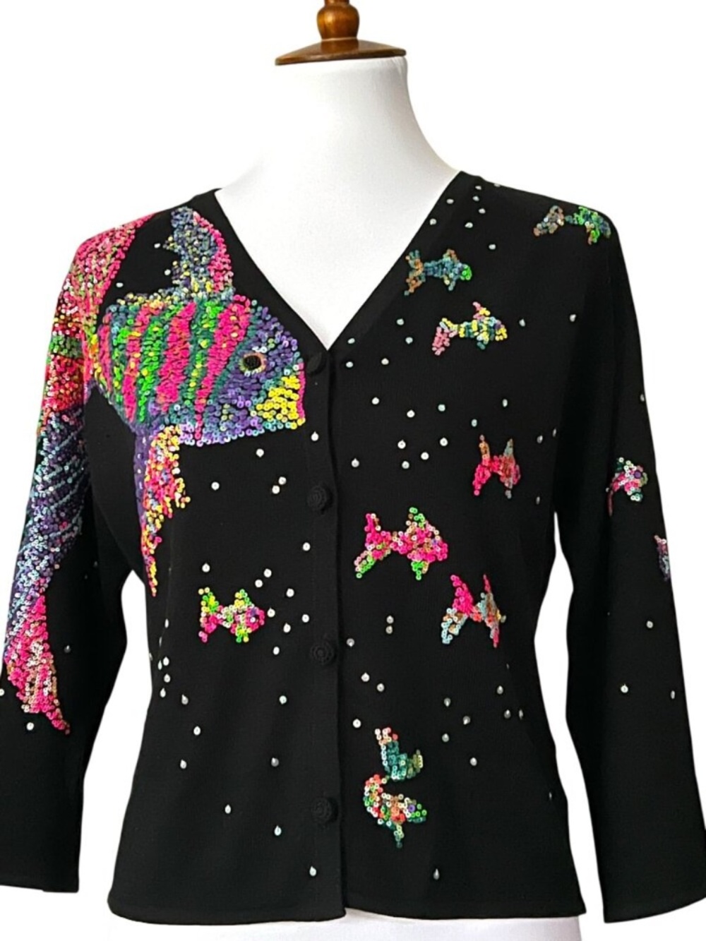 Michael Simon Vintage Sweater Small Y2K Cardigan Silk Art to Wear Fish Seascape - Picture 6 of 16